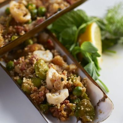 Crab House Cafe - Razor Clams with broad beans and chorizo crumb. Crab House Cafe - Razor Clams with broad beans and chorizo crumb.